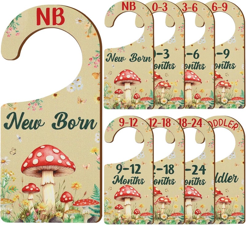 CORNER LACE Baby Closet Dividers 8PCS, Mushrooms Themed Wooden Double-Sided Clothes Size Hanger/Organizer from Newborn to Toddler for Nursery Decor Baby Shower Birthday Gender Reveal Party Gift - Image 1